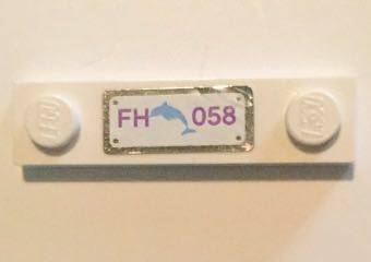 Lego Plate, Modified 1 x 4 with 2 Studs without Groove with 'FH 058' and Bright Light Blue Dolphin Pattern (Sticker) - Set 41058 / White
