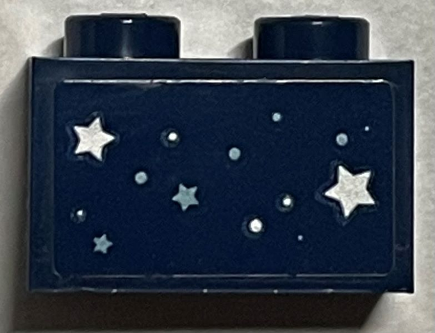 Lego Brick 1 x 2 with Silver and Metallic Light Blue Stars and Dots Pattern (Sticker) - Set 40484