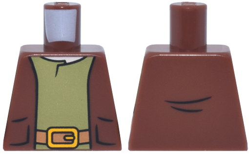 Lego Torso Vest Open with Pockets, Olive Green Shirt, Medium Nougat Belt with Bright Light Orange Buckle, Light Nougat Neck Pattern / Reddish Brown