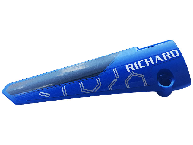 Lego Technic, Panel Fairing # 5 Long Smooth, Side A with White 'RICHARD' and Black and Silver Race Pattern (Sticker) - Set 42123 / Blue