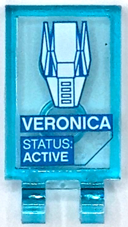 Lego Tile, Modified 2 x 3 with 2 Open O Clips with Dark Azure and White 'VERONICA', 'STATUS: ACTIVE' and Armor Plates Pattern (Sticker) - Set 76105