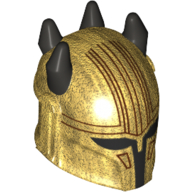 Lego Helmet Mandalorian, Horned with Holes, Black Spikes and Visor, Dark Red Lines print / Pearl Gold
