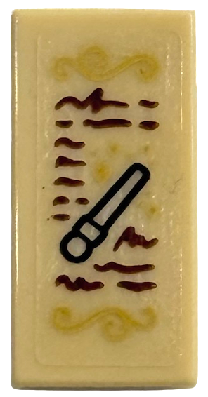 Lego Tile 1 x 2 with Black Magic Wand, Dark Brown Writing Scribbles and Gold Swirls Pattern (Sticker) - Set 75691 / Tan
