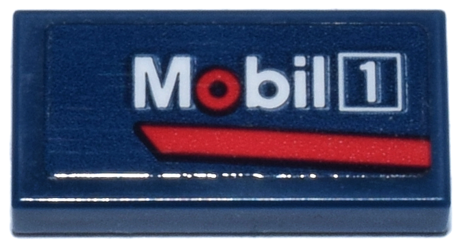 Lego Tile 1 x 2 with Red and White 'Mobil 1' Logo Pattern Model Left Side (Sticker) - Set 77243 / Dark Blue