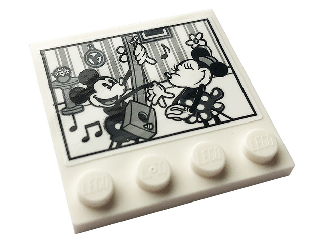Lego Tile, Modified 4 x 4 with Studs on Edge with Mickey and Minnie Mouse, Guitar and Music Notes Pattern (Sticker) - Set 43179 / White