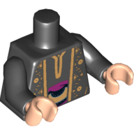 Lego Torso Arabian Robe with Gold Trim at Neck, Gold Print, Black Arms, Light Nougat Hands