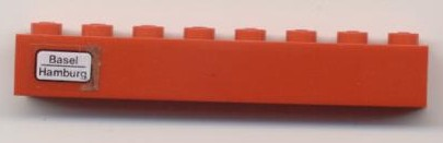 Lego Brick 1 x 8 with 'Basel - Hamburg' Pattern on Left Side (Sticker) - Set 7745 / Red