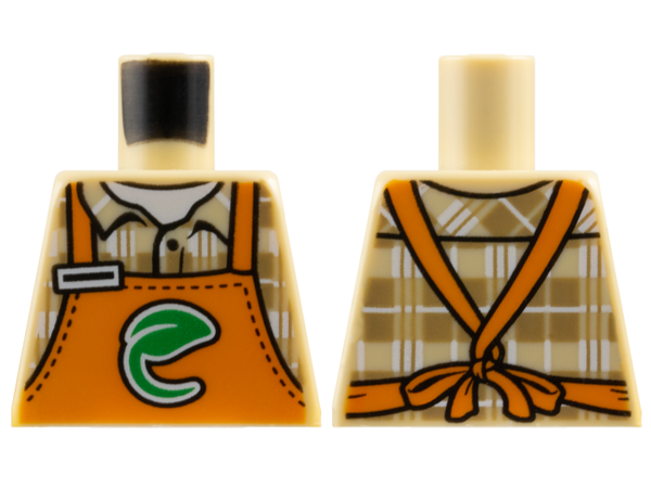 Lego Torso Orange Apron with Green Leaf over Dark Tan and White Plaid Shirt Pattern / Tan
