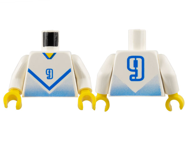 Lego Torso Soccer Jersey Shirt with Blue Chevron and Number  9, Yellow Neck Pattern / White Arms / Yellow Hands