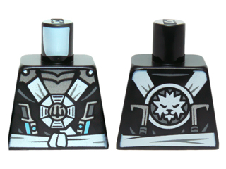 Lego Torso Ninjago White and Silver Straps and Belt, Round Emblem, Weapons and Silver Armor Pattern / Black