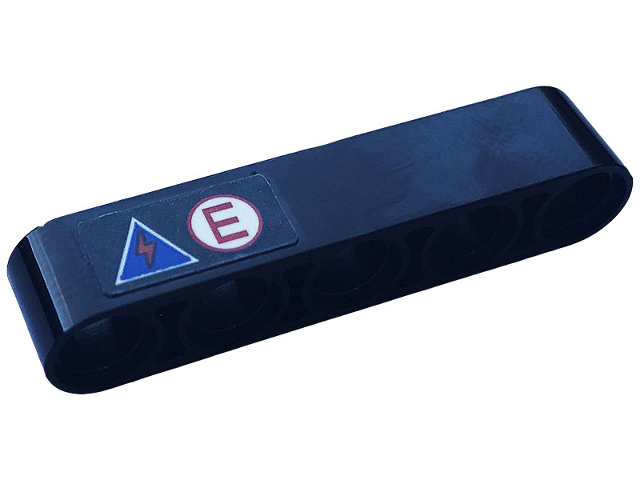 Lego Technic, Liftarm Thick 1 x 5 with Red Letter 'E' and Red Flash in a Blue Triangle Pattern (Sticker) - Set 42123 / Black
