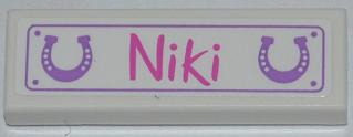 Lego Tile 1 x 3 with Medium Lavender Horseshoes, Dark Pink 'Niki' Pattern (Sticker) - Set 3189 / White