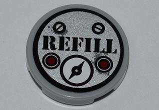 Lego Tile, Round 2 x 2 with Screws, 'REFILL', 2 Red Buttons and Gauge Pattern (Sticker) - Set 5887 / Light Bluish Gray
