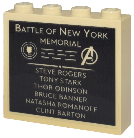 Lego Brick 1 x 4 x 3 with 'BATTLE OF NEW YORK MEMORIAL', Avengers Logo and Names List Pattern (Sticker) - Set 76269 / Tan