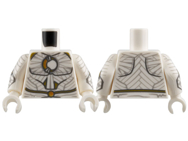 Lego Torso Layered Wrappings, Gold Crescent Moon, Shoulders, and Thin Belt with Circle Buckle Pattern / White Arms with Layered Wrappings and Gold Crescent Moons Pattern / White Hands