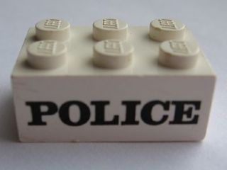 Lego Brick 2 x 3 with Black 'POLICE' Serif Pattern