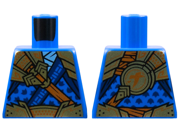 Lego Torso Tunic with Dark Blue Trim, Gold Armor, Dark Orange Strap and Ninjago Logogram Letter J on Back Pattern / Blue