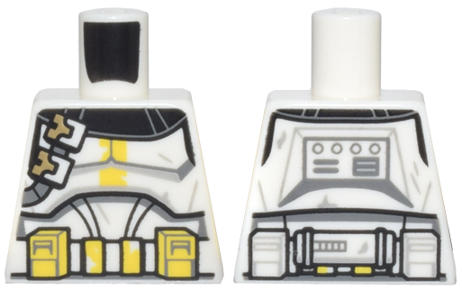 Lego Torso SW Armor Clone Trooper, Dark Tan Buckles, Yellow Markings and Pouches and Detailed Belt Pattern / White