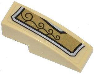 Lego Slope, Curved 3 x 1 with Gold and Silver Armor Plate with 4 Black Swirls Pattern Model Left Side (Sticker) - Set 70123 / Tan