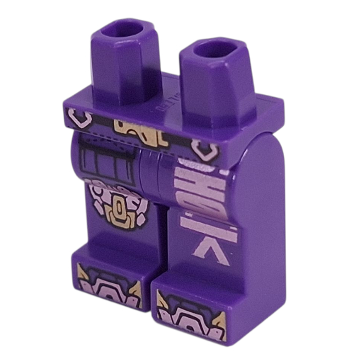 Lego Hips and Dark Purple Legs with Gold Belt Buckle, Metal Pink Text, Knee Cap, Toes print