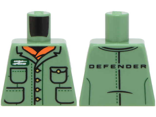 Lego Torso Jacket with Pockets, Gold Buttons, Dark Green and White Land Rover Logo, Orange Shirt, Black 'DEFENDER' on Back Pattern / Sand Green