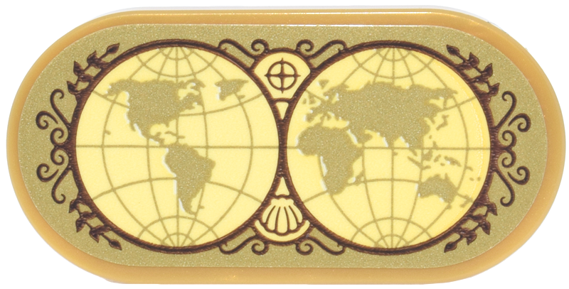 Lego Tile, Round 2 x 4 Oval with Gold and Bright Light Yellow World Map in 2 Hemispheres, Round Dark Brown Frame, Leaves and Filigree Pattern (Sticker) - Set 43299 / Pearl Gold