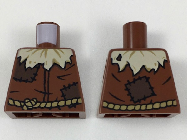 Lego Torso Worn Shirt with Tan Straw at Neck and Dark Brown Patches, Dark Tan Rope Belt Pattern / Reddish Brown
