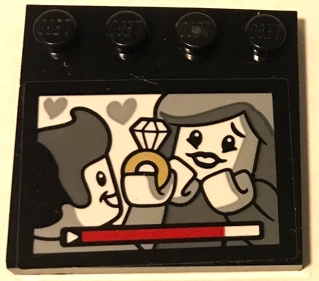 Lego Tile, Modified 4 x 4 with Studs on Edge with Man Holding Gold Diamond Ring Proposing to Woman on Screen, Hearts, Play Button and Progress Bar Pattern (Sticker) - Set 70922 / Black