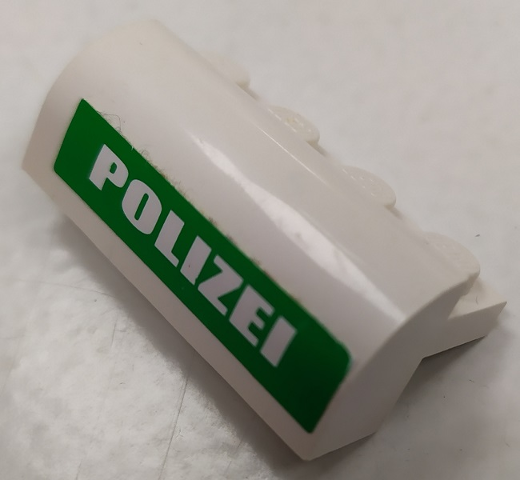 Lego Slope, Curved 2 x 4 x 1 1/3 with 4 Recessed Studs with White 'POLIZEI' on Green Background Pattern (Sticker) - Set 7237 / White