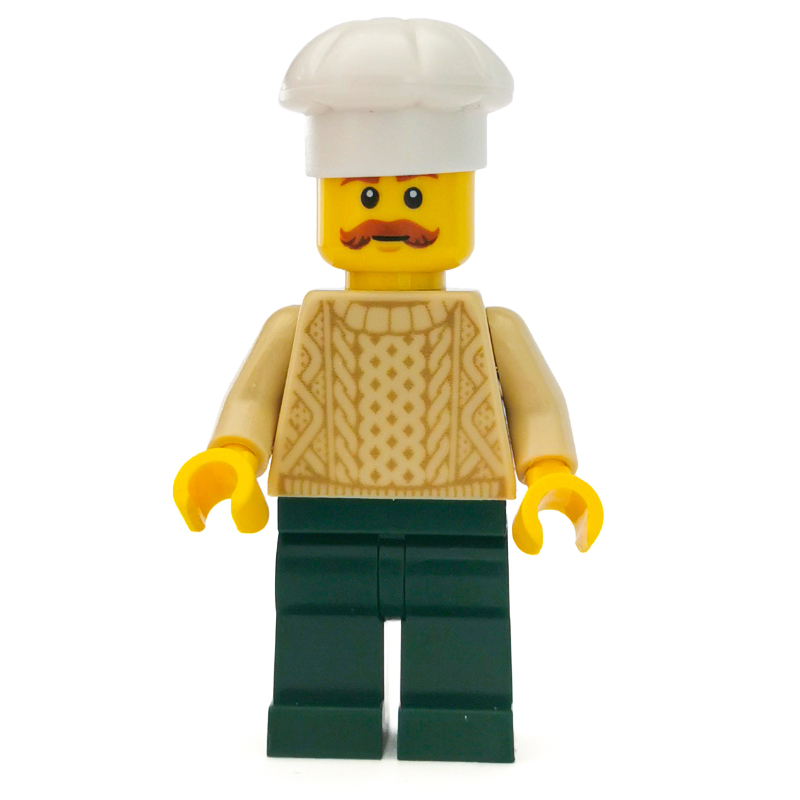 Lego Chef, Tan Sweater, Dark Green Legs, Moustache