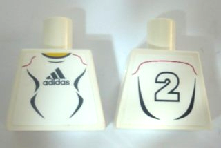 Lego Torso Soccer Uniform White Shirt with Black Adidas Logo, Curved Lines and Number 2 on Back, Yellow Neck Pattern (Stickers) / White