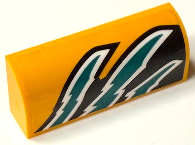 Lego Slope, Curved 1 x 4 x 1 1/3 with White and Dark Turquoise Flames on Black Background Pattern Model Left Side (Sticker) - Set 60389 / Bright Light Orange