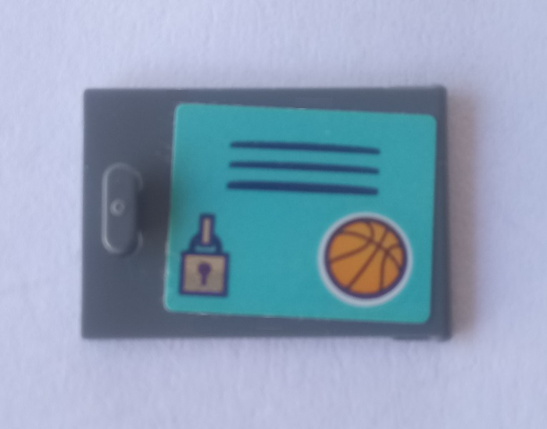 Lego Container, Cupboard 2 x 3 x 2 Door with Locker, Black Vent Lines, Padlock and Orange Basketball on Medium Azure Background Pattern (Sticker) - Set 41312 / Dark Bluish Gray