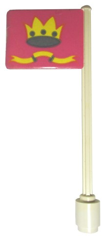 Lego Flag on Flagpole, Straight with Pink / Yellow Crown and Ribbon Pattern (Stickers) - Sets 375 / 6075 / White