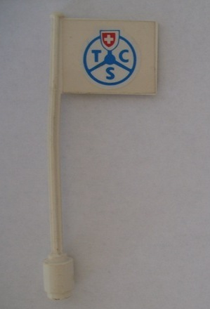 Lego Flag on Flagpole, Straight with Touring Club Schweiz -TCS- Pattern (Sticker) - Set 1589-2 / White