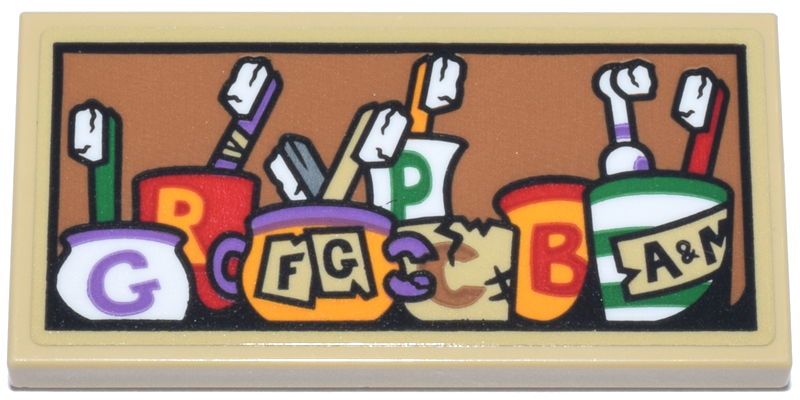 Lego Tile 2 x 4 with Green, Medium Lavender, Silver, Bright Light Orange, Red, Tan, and White Toothbrushes in Jars and Letter G, R, P, C, B, 'F G' and 'A & M' Pattern (Sticker) - Set 76437 / Tan