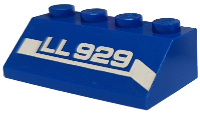 Lego Slope 45 2 x 4 with White 'LL 929' on Stripe Pattern Model Right Side (Sticker) - Set 70816 / Blue