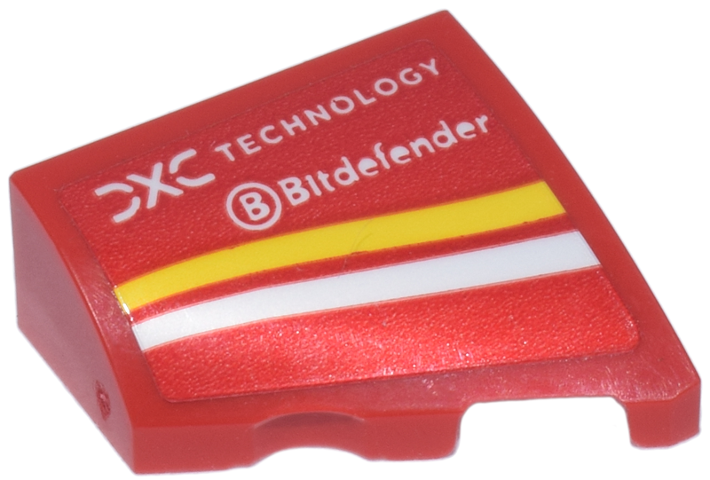 Lego Wedge 2 x 2 x 2/3 Right with White 'DXC TECHNOLOGY' and 'Bitdefender' Logo and Curved Yellow Stripe Pattern (Sticker) - Set 77242