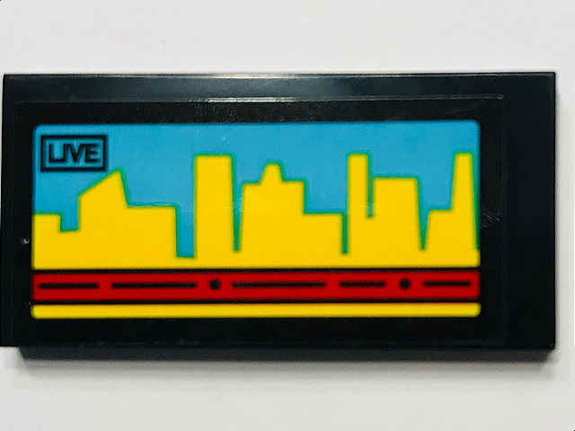 Lego Tile 2 x 4 with Video Screen, 'LIVE' and Yellow Skyline on Medium Azure Background Pattern (Sticker) - Set 60102 / Black