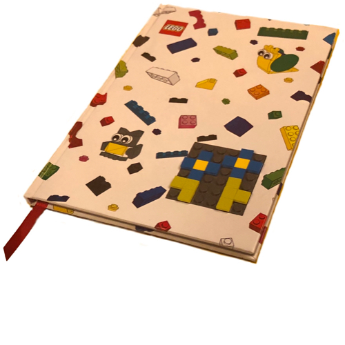 Lego Notebook with Brick Images, Embedded Dark Bluish Gray 6 x 6 Plate, Red Ribbon / White