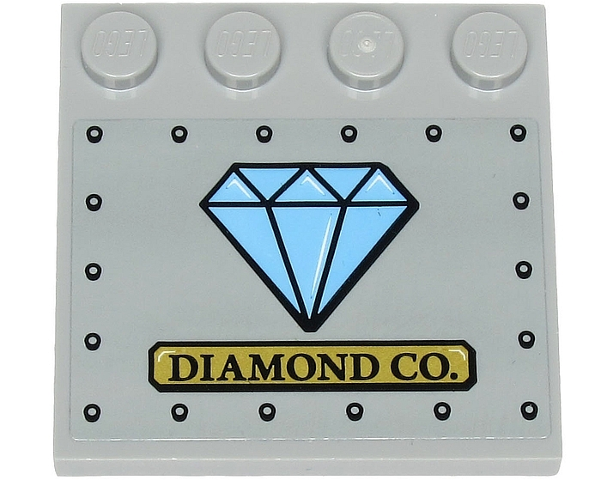 Lego Tile, Modified 4 x 4 with Studs on Edge with 'DIAMOND CO.' on Gold Plate, Medium Blue Diamond, and Rivets Pattern (Sticker) - Set 60243 / Light Bluish Gray