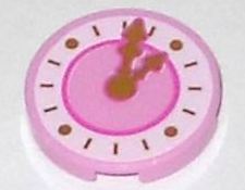 Lego Tile, Round 2 x 2 with Bottom Stud Holder with Dark Pink Clock with Gold Hands Pattern
