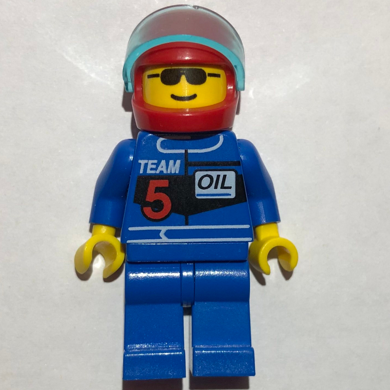 Lego Racer, Blue Jacket with 'TEAM 5', Red Helmet with Visor, Sunglasses