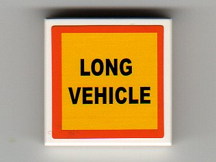 Lego Tile 2 x 2 with 'LONG VEHICLE' and Orange Border Pattern (Sticker) - Set 7900 / White