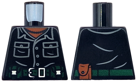 Lego Torso Shirt, Dark Bluish Gray Pockets and Buttons, Dark Green Belt with Silver Buckle, Pouch, Reddish Brown Neck, Pearl Necklace Pattern / Black