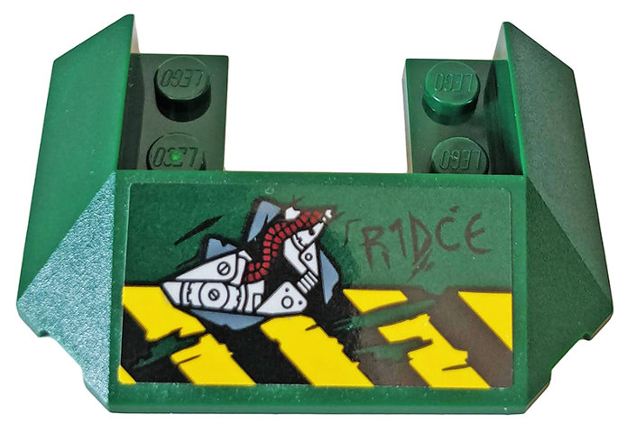 Lego Wedge 6 x 4 Cutout (Train Roof) with 5 Large Bottom Tubes with 'R1DCE', Black and Yellow Danger Stripes and Red Gears Pattern (Sticker) - Set 76078