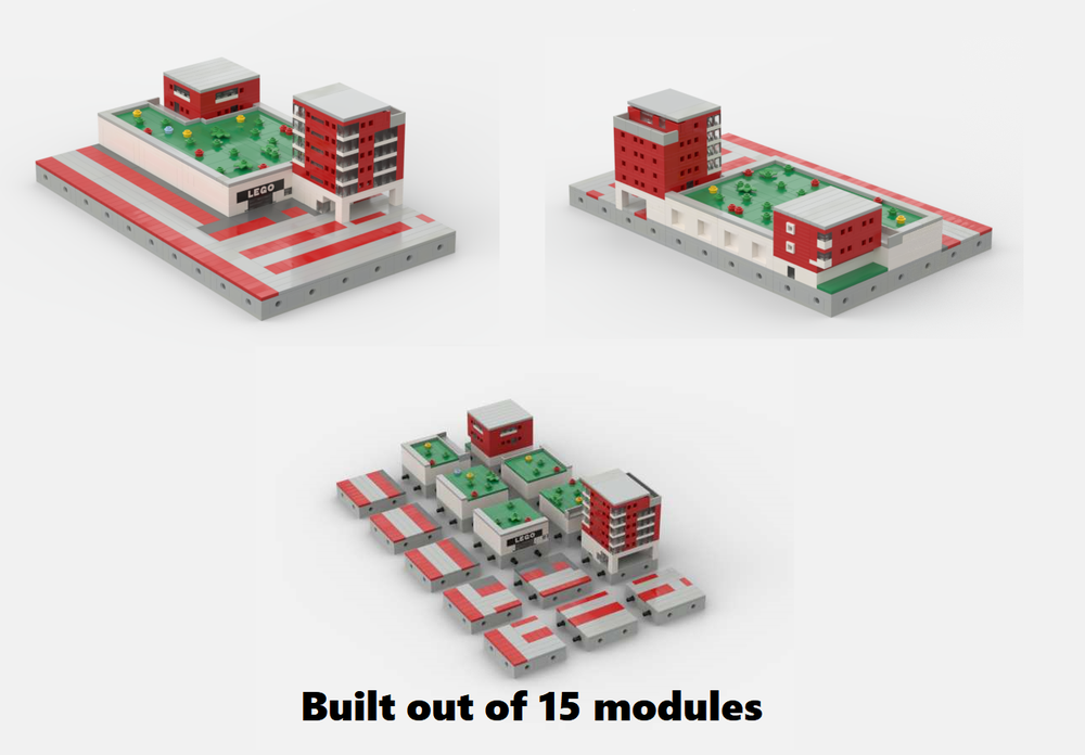 Lego Modular Shop, two red buildings and parking