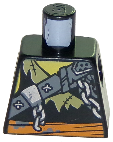 Lego Torso Ninjago Broken Chain, Olive Green Stitched Tattered Shirt Fragment, Orange Sash Pattern / Black