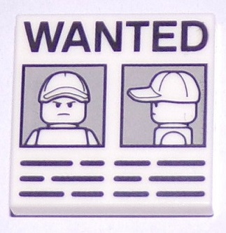 Lego Tile 2 x 2 with 'WANTED' Minifigure Front and Side Mugshots on Light Bluish Gray Background and Black Lines Poster Pattern