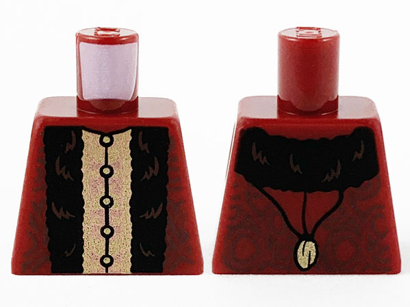 Lego Torso Robe with Dark Brown Filigree, Black Stripes, Copper and Gold Center Panel Pattern / Dark Red